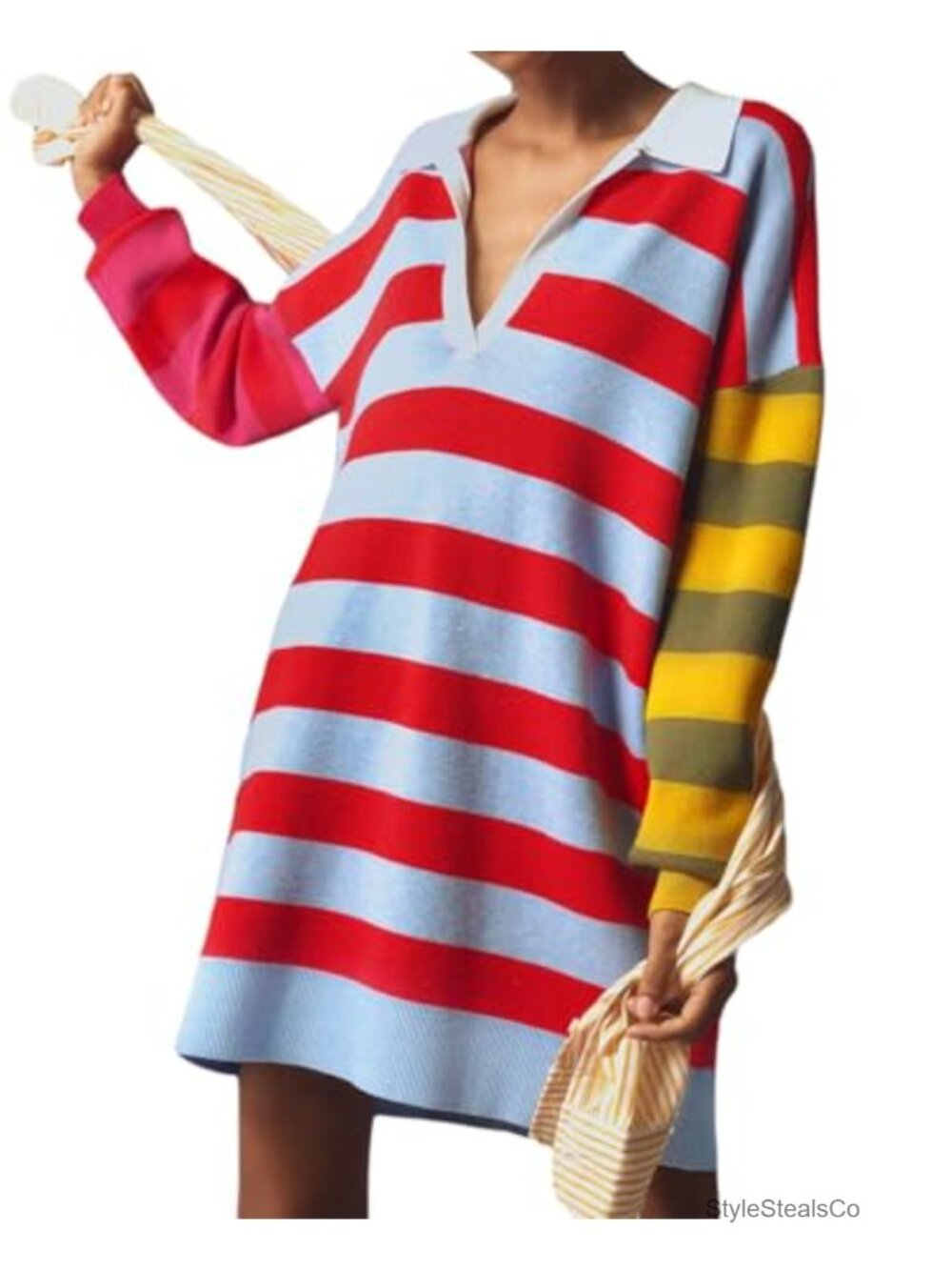 Striped Polo Sweater Dress V Neck Oversized Pullover Mini